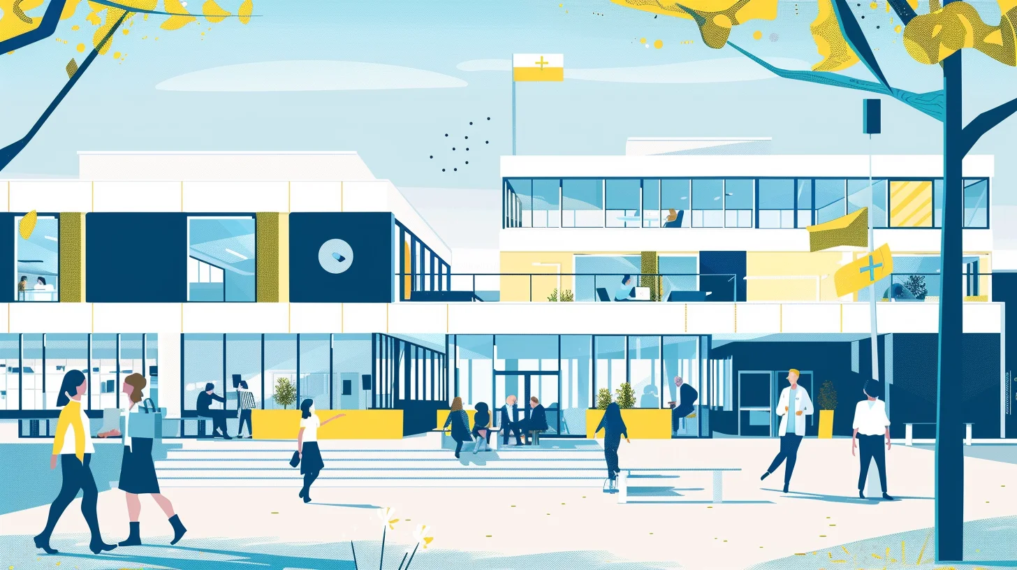 Illustration av AI-strategi i svensk offentlig sektor – skola, vård och kommunkontor.