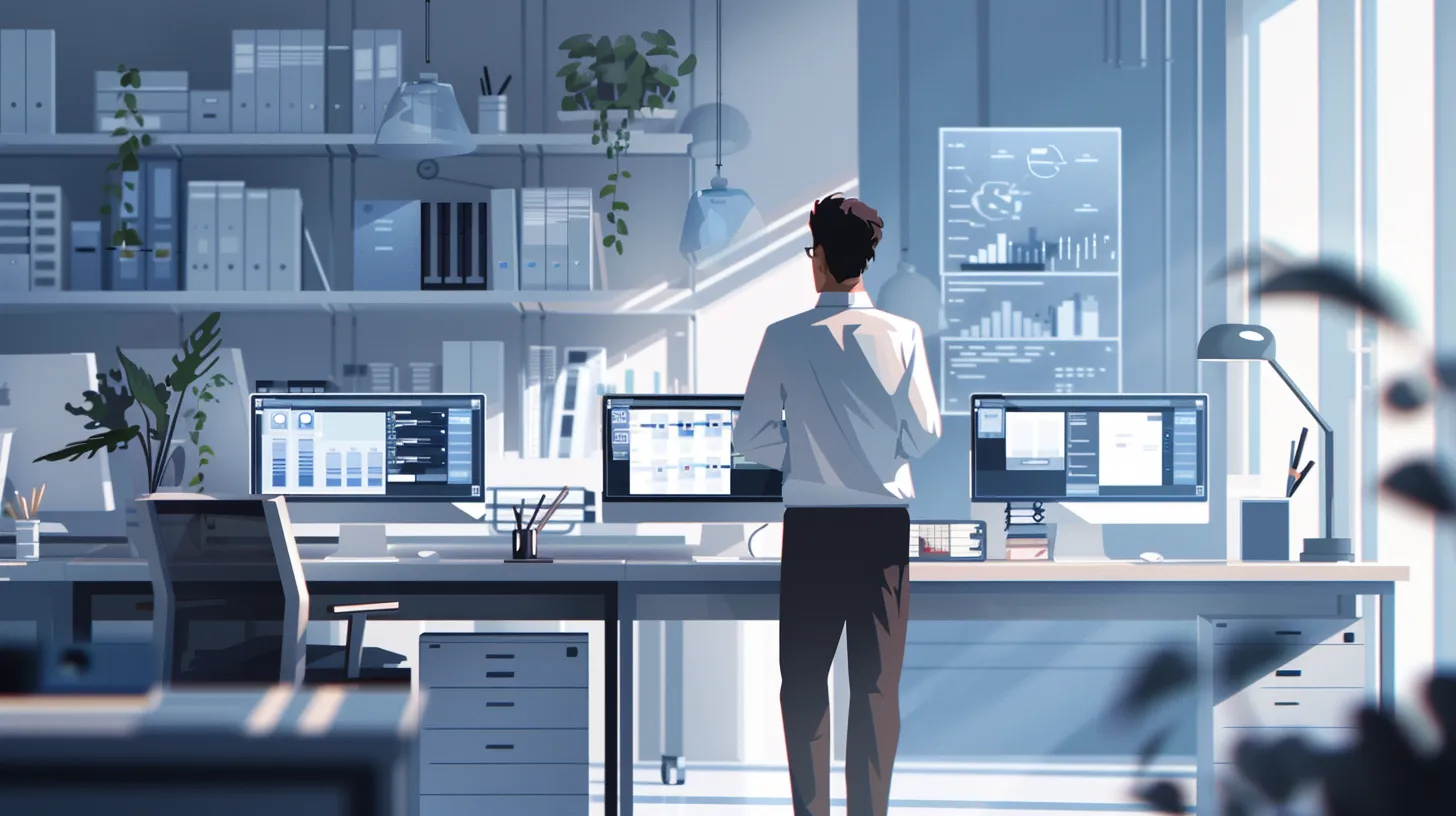 Illustration av en person som arbetar koncentrerat vid en dator omgiven av abstrakta digitala former — symboliserar AI som hanterar flera parallella uppgifter i bakgrunden.