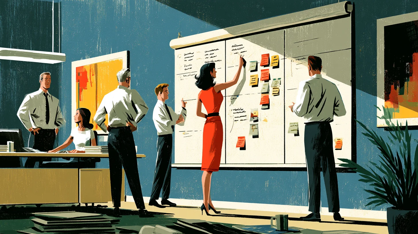 Retroinspirerad redaktionell illustration av ett arbetslag som sorterar arbetsuppgifter, risker och utbildningssteg på en stor planeringstavla.
