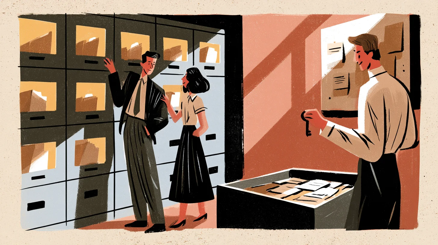 Retroillustration av tre kontorsmedarbetare vid arkivskåp, där en man håller en nyckel framför en öppen låda med dokument.