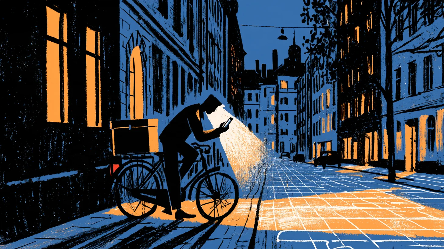 Illustration i blått och orange av ett cykelbud med en stor låda på pakethållaren som står stilla på en stenlagd gata en kväll och tittar på mobilen, vars sken lyser upp gatan framför cykeln.